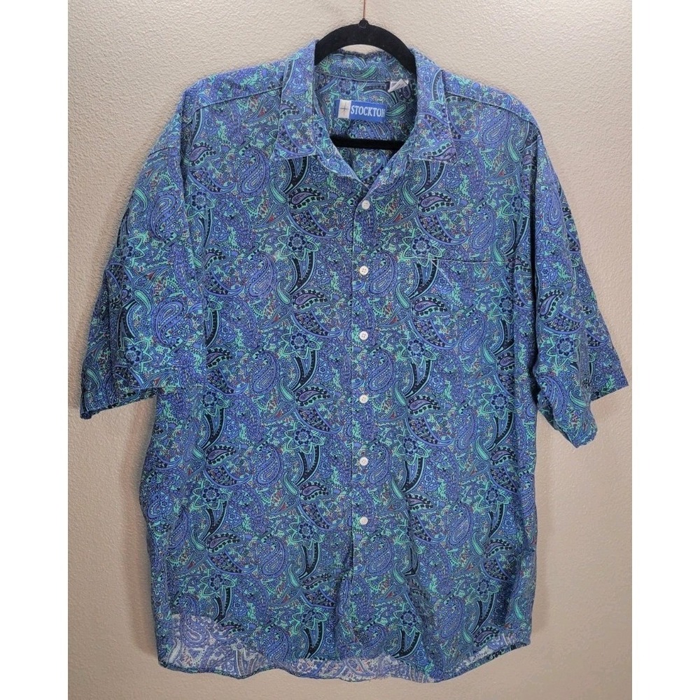 Stockton Vintage Paisley‎ Short Sleeve Button Up Shirt Blue Green USA Made...